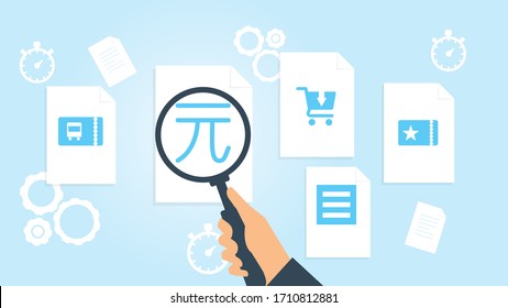 Document with search icons. File and magnifying glass. Analytics research sign. Vector Illustrationcinema show ticket file, document research vector illustration