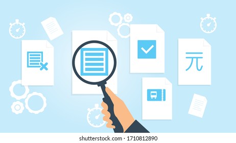 Document with search icons. File and magnifying glass. Analytics research sign. Vector Illustrationcurrency money file, document research vector illustration