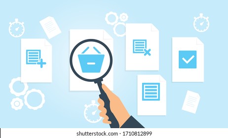 Documento con iconos de búsqueda. Fichero y lupa. Signo de investigación analítica. Vector Illustrationbox entrega archivo, documento de investigación ilustración vectorial