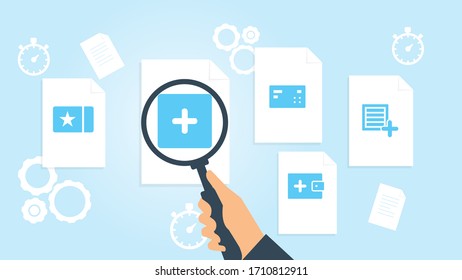 Document with search icons. File and magnifying glass. Analytics research sign. Vector Illustrationnew order box file, document research vector illustration