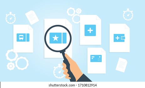 Dokument mit Suchsymbolen. Datei und Vergrößerungsglas. Forschungszeichen für Analytik Vektorillustration Illustration Geldbeutel-Datei hinzufügen, Dokumentenrecherche Vektorillustration Illustration