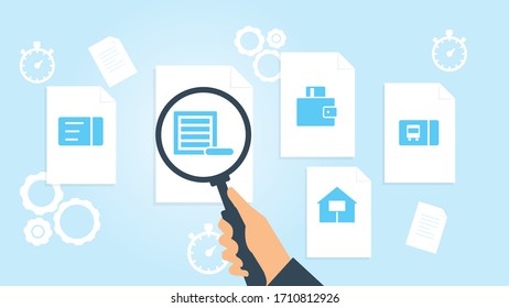 Document with search icons. File and magnifying glass. Analytics research sign. Vector Illustrationcard transport travel file, document research vector illustration
