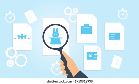 Documento con iconos de búsqueda. Fichero y lupa. Signo de investigación analítica. Vector Illustrationticket archivo, ilustración vectorial de investigación de documentos