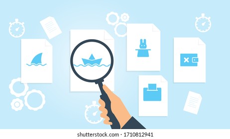 Document with search icons. File and magnifying glass. Analytics research sign. Vector Illustrationdelete money wallet file, document research vector illustration