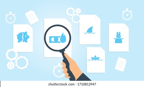 Document with search icons. File and magnifying glass. Analytics research sign. Vector Illustrationhat rabbit file, document research vector illustration