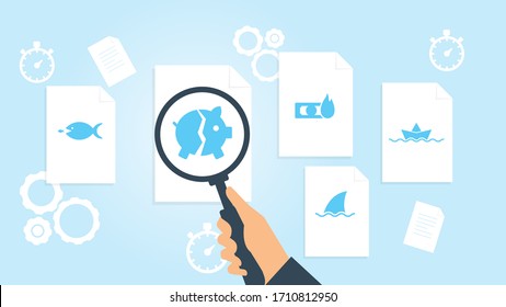 Document with search icons. File and magnifying glass. Analytics research sign. Vector Illustrationboar paper sea business file, document research vector illustration