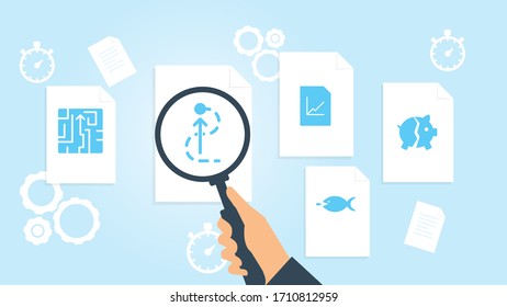 Document with search icons. File and magnifying glass. Analytics research sign. Vector Illustrationbank broken piggy file, document research vector illustration