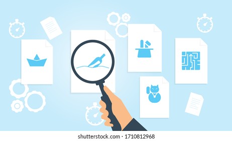 Document with search icons. File and magnifying glass. Analytics research sign. Vector Illustrationmaze puzzle strategy file, document research vector illustration