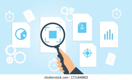 Document with search icons. File and magnifying glass. Analytics research sign. Vector Illustration analytics, bar chart file, document research vector illustration