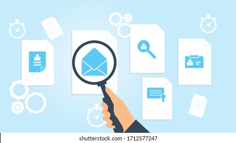 Document with search icons. File and magnifying glass. Analytics research sign. Vector Illustration id card file, document research vector illustration