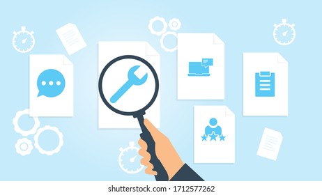 Document with search icons. File and magnifying glass. Analytics research sign. Vector Illustration facture, test file, document research vector illustration