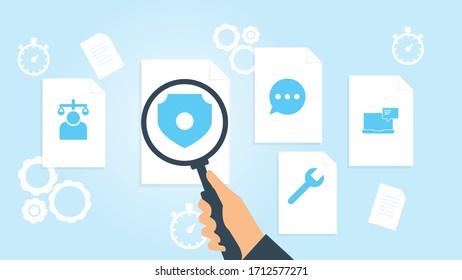 Document with search icons. File and magnifying glass. Analytics research sign. Vector Illustration video conference file, document research vector illustration