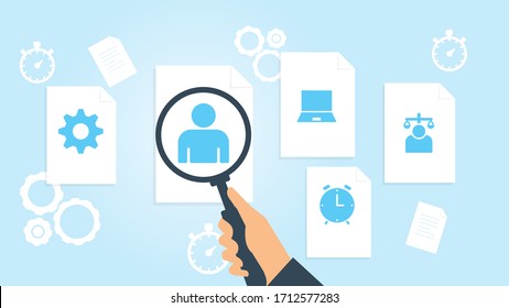 Document with search icons. File and magnifying glass. Analytics research sign. Vector Illustration skills, users, avatar file, document research vector illustration