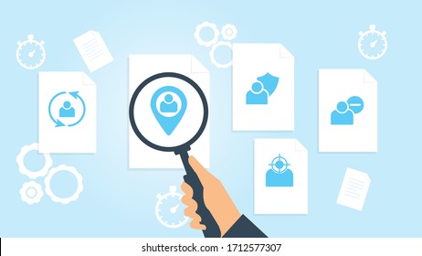 Document with search icons. File and magnifying glass. Analytics research sign. Vector Illustration delete, user file, document research vector illustration