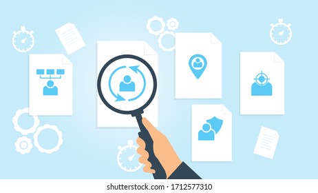 Document with search icons. File and magnifying glass. Analytics research sign. Vector Illustration target, user file, document research vector illustration