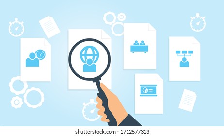 Document with search icons. File and magnifying glass. Analytics research sign. Vector Illustration skills, users file, document research vector illustration