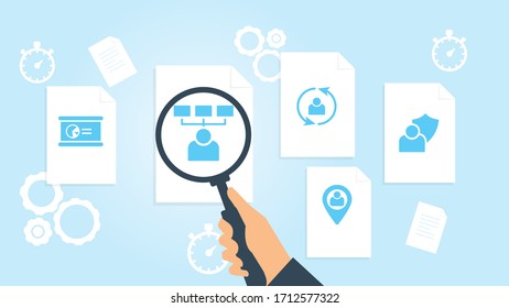Document with search icons. File and magnifying glass. Analytics research sign. Vector Illustration user, security file, document research vector illustration