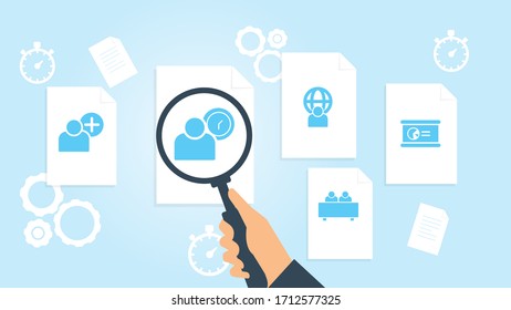 Document with search icons. File and magnifying glass. Analytics research sign. Vector Illustration presentation file, document research vector illustration