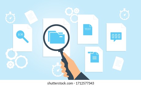 Document with search icons. File and magnifying glass. Analytics research sign. Vector Illustration chat, chat bubble, dollars, money file, document research vector illustration