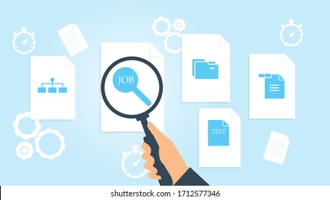 Document with search icons. File and magnifying glass. Analytics research sign. Vector Illustration reading file, document research vector illustration