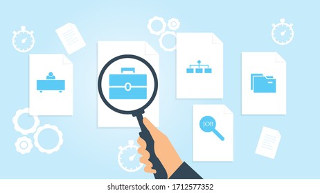 Document with search icons. File and magnifying glass. Analytics research sign. Vector Illustration folders file, document research vector illustration