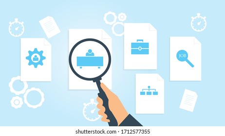Documento con iconos de búsqueda. Fichero y lupa. Signo de investigación analítica. Trabajo de ilustración vectorial, archivo de búsqueda, ilustración vectorial de investigación de documentos