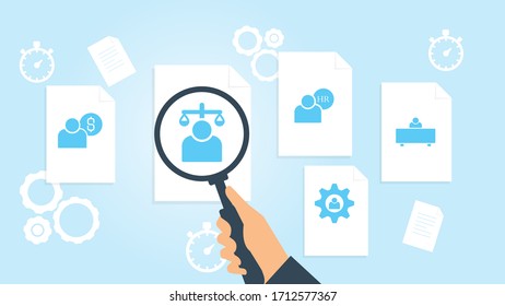 Document with search icons. File and magnifying glass. Analytics research sign. Vector Illustration workplace, user file, document research vector illustration