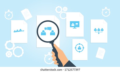 Document with search icons. File and magnifying glass. Analytics research sign. Vector Illustration team, users, avatars file, document research vector illustration