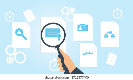 Document with search icons. File and magnifying glass. Analytics research sign. Vector Illustration conversation, avatars, users file, document research vector illustration