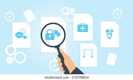  Documento con iconos de búsqueda. Fichero y lupa. Signo de investigación analítica. Equipo de ilustración vectorial, archivo de bloqueo, ilustración vectorial de investigación de documentos