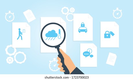 Document with search icons. File and magnifying glass. Analytics research sign. Vector Illustration lock, tag file, document research vector illustration
