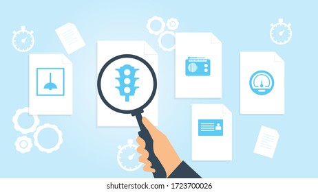 Document with search icons. File and magnifying glass. Analytics research sign. Vector Illustration dashboard, limit, counter file, document research vector illustration