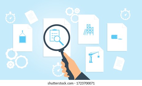 Document with search icons. File and magnifying glass. Analytics research sign. Vector Illustration disaster, fuel, oil, accident file, document research vector illustration