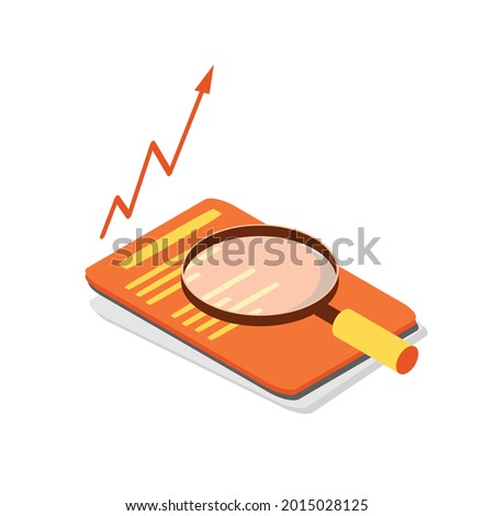 Document search isometric, searching doc, list, file find illustrate 3d vector icon. isometric document illustration