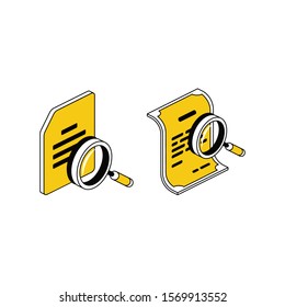 Document search magnifier. Vector 3d isometric, color web icon, new flat style. Creative illustration design, idea for infographics.