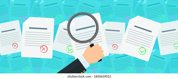 Dokumentensuche Lupe, flacher Vektorhintergrund, Forschungskonzept-Hintergrund.