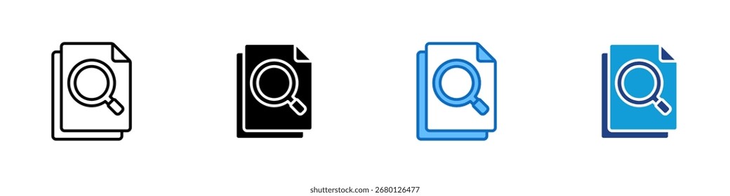 Document Search Multiple Style Icon Design Vector - Magnifying glass on document paper, symbolizing file inspection, record check, or document review