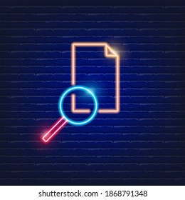 Document search neon sign. Vector illustration for website decoration. Data concept.