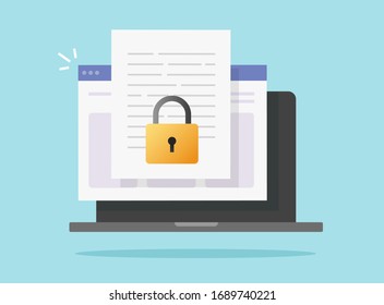 Documentar el acceso confidencial en línea seguro en el ordenador portátil vector aislado o la protección de la privacidad en Internet en el archivo de texto icono plano, concepto secreto privado bloqueo de datos sitio web símbolo moderno