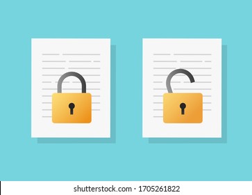 Document secure confidential online access lock and unlock or internet web privacy protection on text file vector flat cartoon, concept of private secret data padlock modern icon design