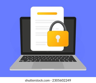 Documentar el acceso confidencial en línea en el ordenador portátil o la protección de la privacidad en la web de Internet en el archivo de texto vectores de dibujos animados planos, el concepto de sitios web secretos privados bloquean el diseño moderno colorido. 
