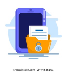 Document security concept on mobile phone. File security is locked. Cyber Security Services to Protect Personal Data. Cloud Shared Documents, Server Security and Data Protection. flat vector.