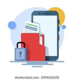 Document security concept on mobile phone. File security is locked. Cyber Security Services to Protect Personal Data. Cloud Shared Documents, Server Security and Data Protection. flat vector.