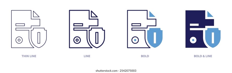 Icono de seguridad del documento en 4 estilos diferentes. Línea delgada, línea, negrita y línea negrita. Estilo duotono. Trazo editable.