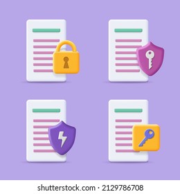 Document security vector icons. Locked protected document sing. Data safety, Protection technology 3d vector.