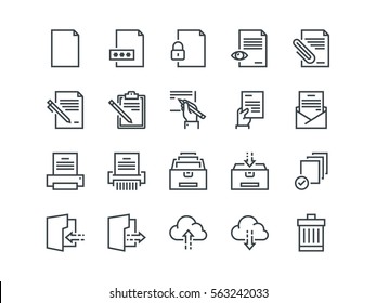 Document. Set of outline vector icons. Includes such as Printer, Shredder, Folder, Archive, Handwriting and more.