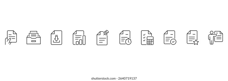 Document set of web 10 icons in outline. Set of document Icons. Containing contract papers, folder, certificate, accept, approved, clipboard, invoice, archive and more. Vector illustration. 