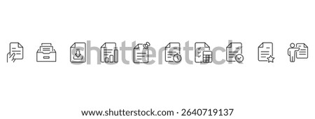 Document set of web 10 icons in outline. Set of document Icons. Containing contract papers, folder, certificate, accept, approved, clipboard, invoice, archive and more. Vector illustration. 