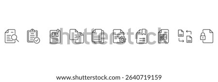 Document set of web 10 icons in outline. Set of document Icons. Containing contract papers, folder, certificate, accept, approved, clipboard, invoice, archive and more. Vector illustration. 