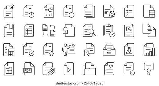 
Document set of web 32 icons in outline. Set of document Icons. Containing contract papers, folder, certificate, accept, approved, clipboard, invoice, archive and more. Vector illustration. 